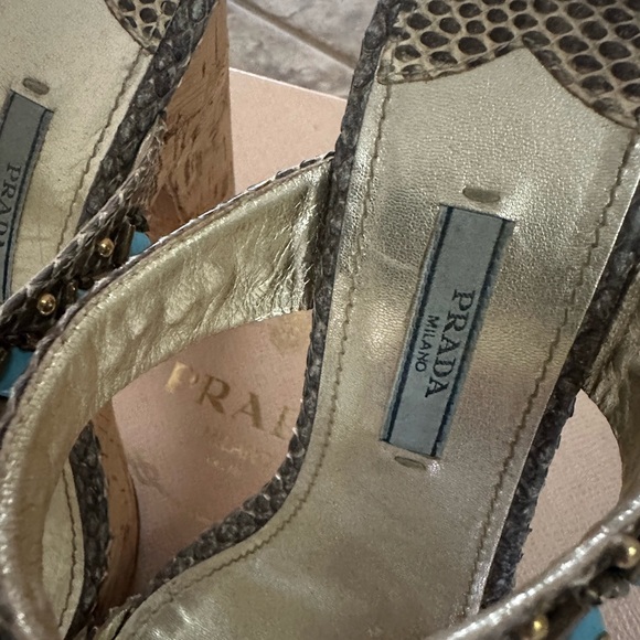 Prada Platform Slides 6 1/2  Heels Bronze Metallic Cork Turquoise Stud - Picture 3 of 7